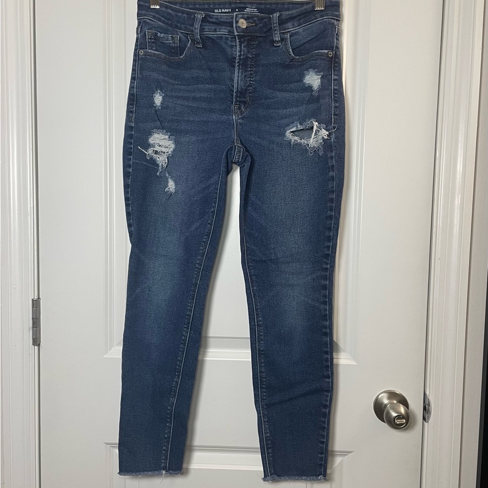 Old Navy Dark Wash Distressed Skinny Jeans Mid Rise Stretch Size 8